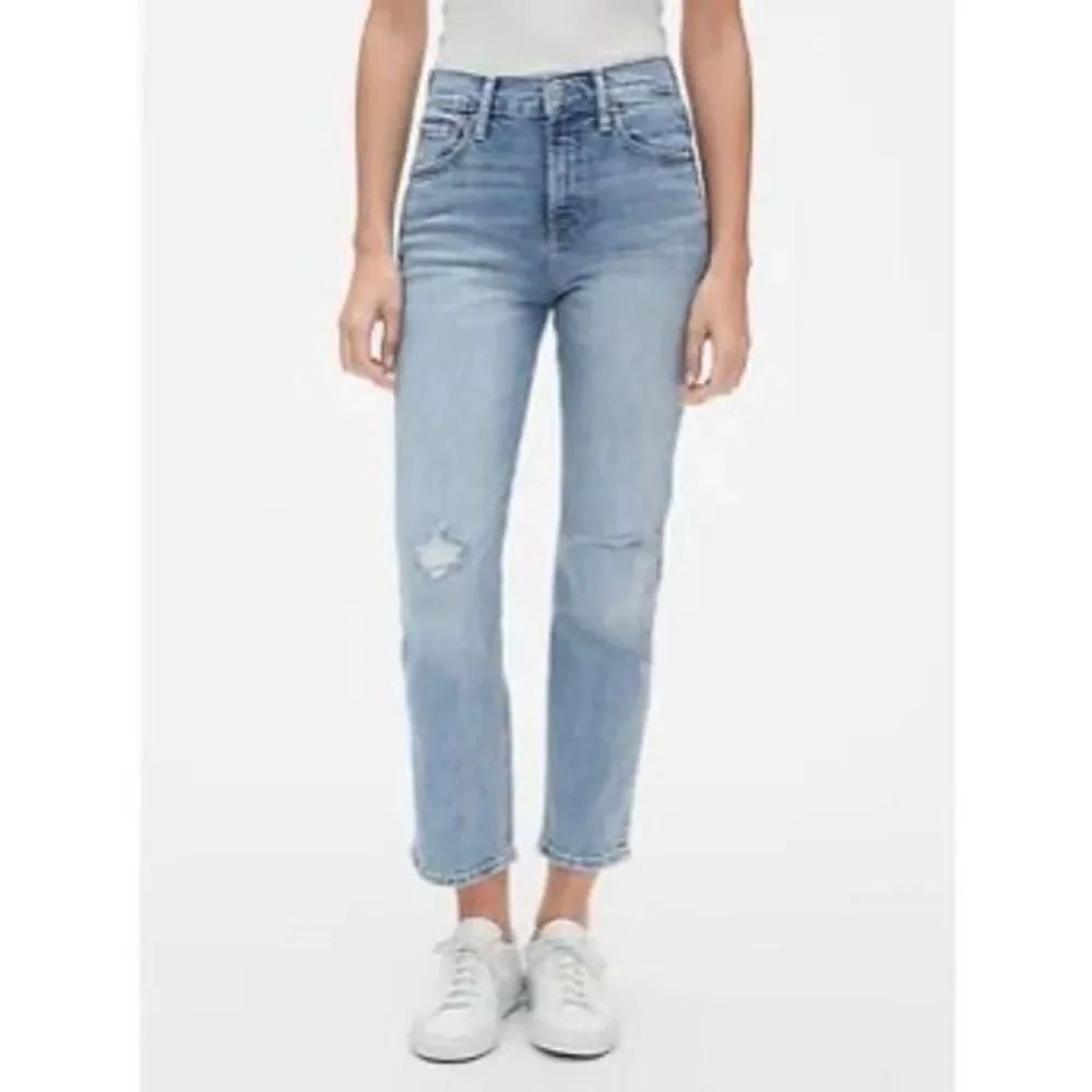 GAP Light Wash Distressed High Rise Slim Straight Denim Jeans Size 16/33